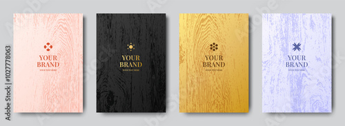 Wood background. Black or white luxury boards. Premium gold table menu. Abstract material structure. Woodgrain label. Brand sticker. Hardwood timber texture. Vector design banners set