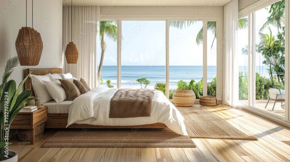 Fototapeta premium Modern bedroom with large windows overlooking a beach with palm trees.