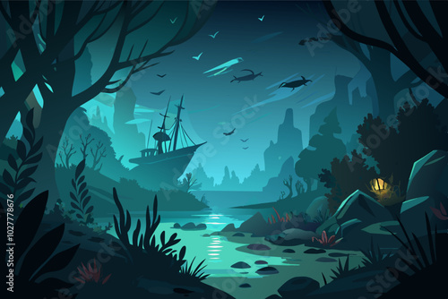 A dark and eerie underwater scene, illuminated only by the faint light from a distant shipwreck