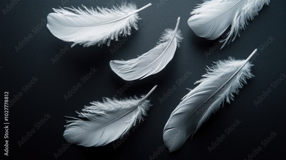 White feathers softly floating above a matte black surface, emphasizing their ethereal and graceful quality White feathers softly floating above a matte black surface, emphasizing their ethereal and graceful quality