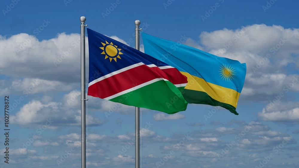 Republic of Rwanda and Namibia flags flying together, video concept of the relationship, two country cooperation concept Republic of Rwanda and Namibia flags flying together, video concept of the relationship, two country cooperation concept