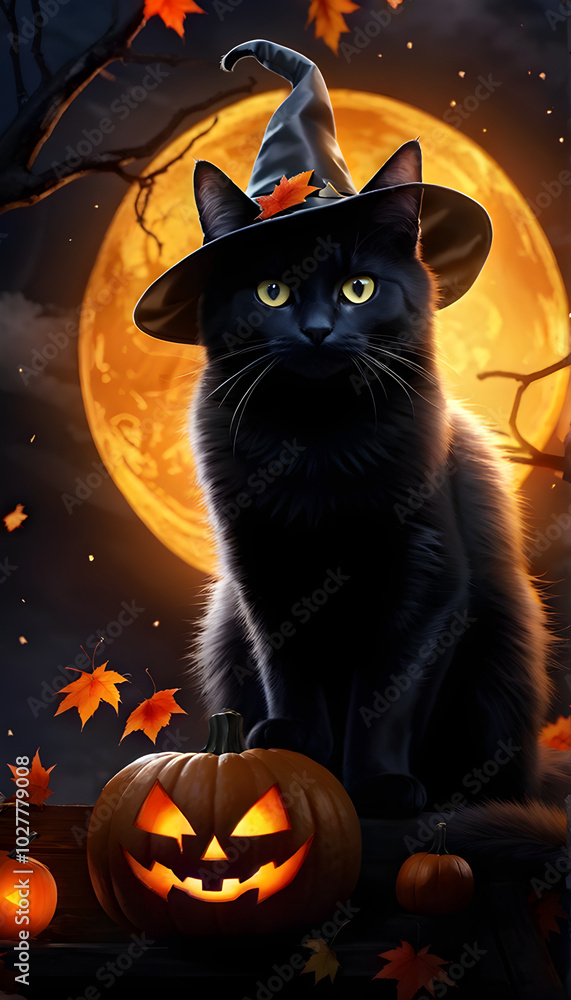 Cute Kitty Cat with Witch Hat Costume and Jack O Lantern with moon Pumpkin Halloween Horror Pet Animal Cosplay Magical Spooky Autumn Seasonal Holiday Cute Kitty Cat with Witch Hat Costume and Jack O Lantern with moon Pumpkin Halloween Horror Pet Animal Cosplay Magical Spooky Autumn Seasonal Holiday