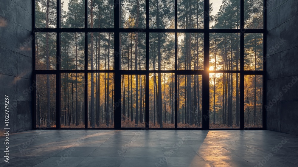 Large windows in modern interior with view of pine forest at sunrise Large windows in modern interior with view of pine forest at sunrise