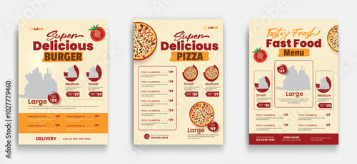 Fast food restaurant business marketing pizza menu flyer template design with fast food, fresh pizza, burger & pasta sale promotion flyer