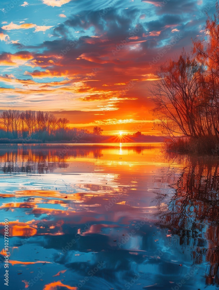 The sky glows with brilliant hues as the sun sets, creating stunning reflections on serene waters surrounded by trees. Generative AI The sky glows with brilliant hues as the sun sets, creating stunning reflections on serene waters surrounded by trees. Generative AI