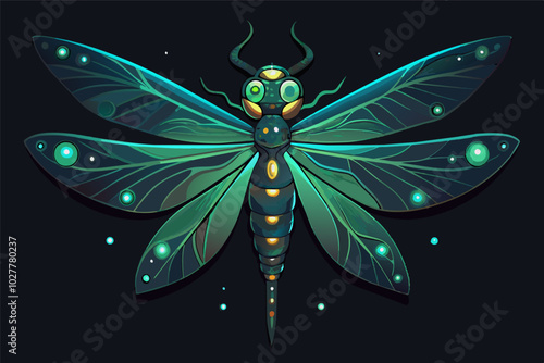 A dragonfly with bioluminescent markings on its wings, glowing like fireflies in the night