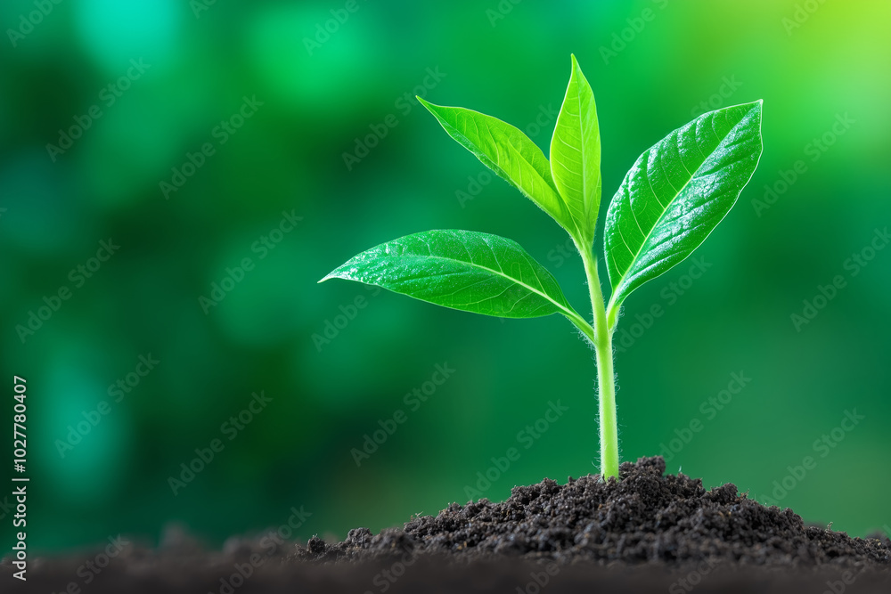 Young green plant emerges from dark soil, set against a blurred green spring background Young green plant emerges from dark soil, set against a blurred green spring background
