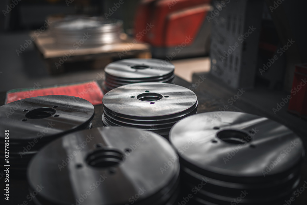 Close up of small metal disks stacked up after production Close up of small metal disks stacked up after production