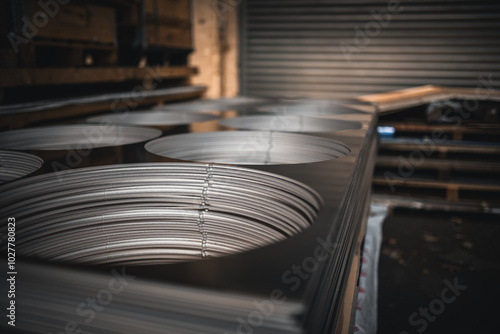 Laser cut metal sheets stored in a factory ready for further processing.