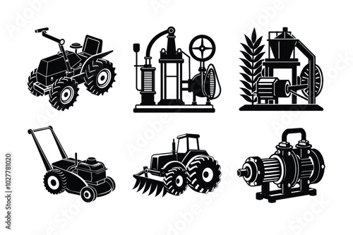  High-quality Power-tiller,pump-set,rice-mill-machine,rotary-mower,-rotavator,screw-pump silhouette vector illustration.