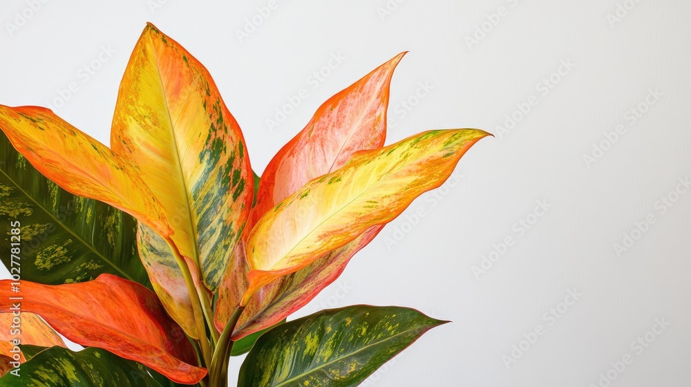 Fototapeta premium Modern plant with vivid, textured foliage and striking leaf shapes on a plain white background