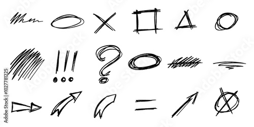 Ensemble de visuels dessinés à la main. Ovales, flèches, triangle, étoile et rectangles gribouillés, imitation rature au crayon