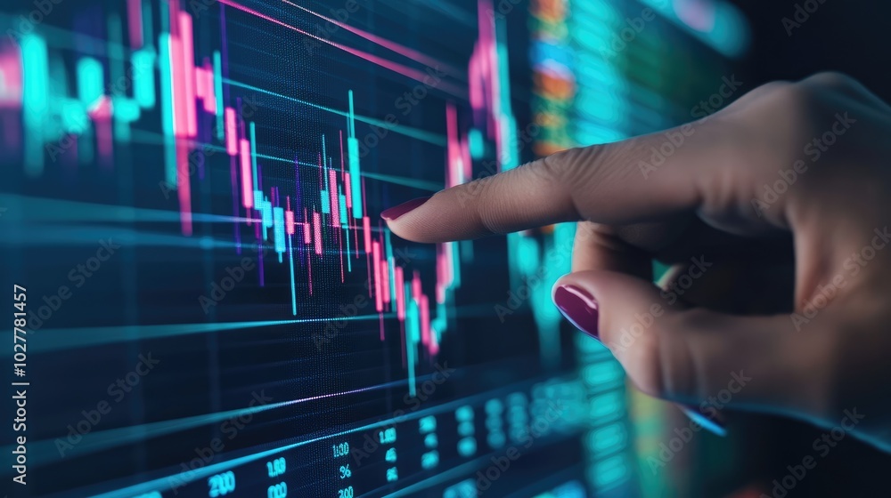 Modern workspace with a hand pointing to an upward trend on a financial chart Modern workspace with a hand pointing to an upward trend on a financial chart