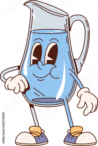 Retro groovy water pitcher or kitchenware utensils character with funny face, cartoon vector. Groovy retro and funky comic water jug or glass pitcher with happy face for kitchen emoji character