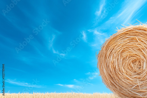 Sunny afternoon with a straw bale resting under a clear blue sky in a rural field photo