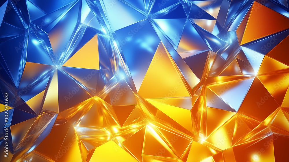 Blue and gold geometric crystal shapes with glowing highlights Blue and gold geometric crystal shapes with glowing highlights