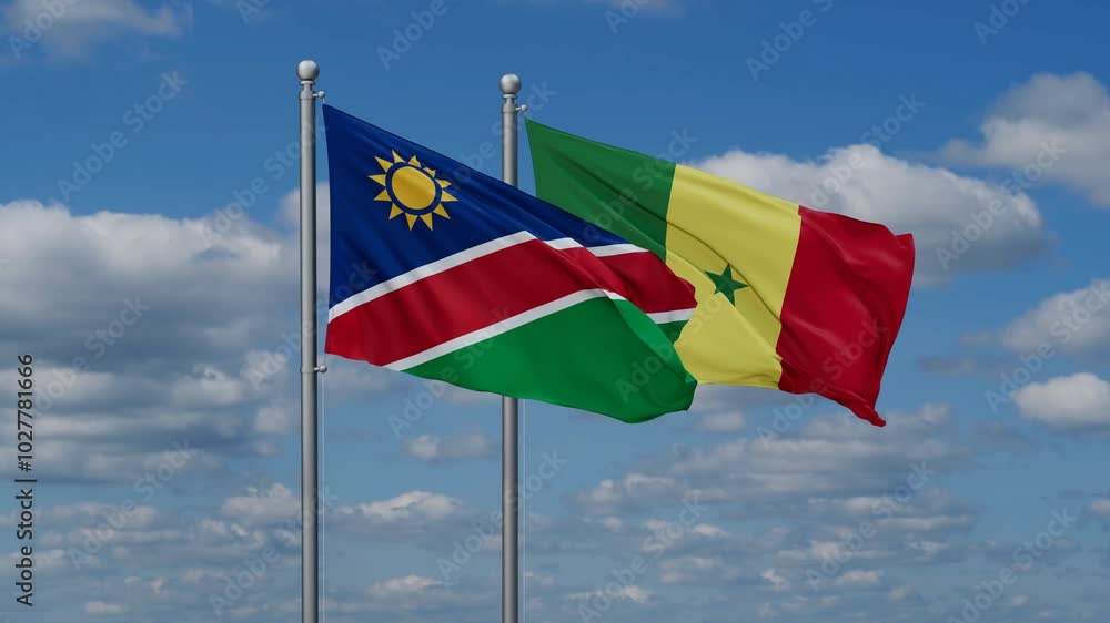 Republic of Senegal and Namibia flags flying together, video concept of the relationship, two country cooperation concept Republic of Senegal and Namibia flags flying together, video concept of the relationship, two country cooperation concept