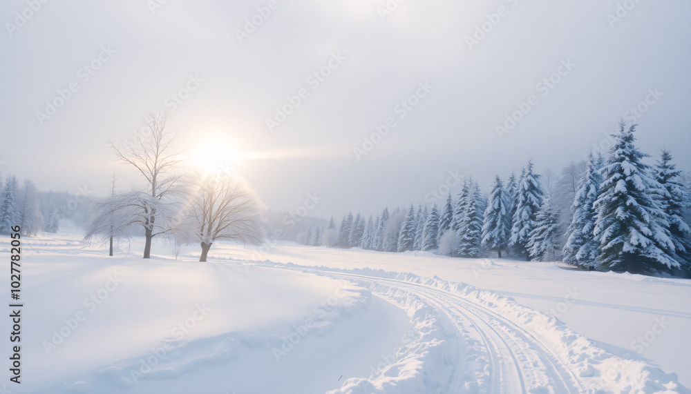 Serene Winter Wonderland: Sunlit Snowy Forest Path Serene Winter Wonderland: Sunlit Snowy Forest Path