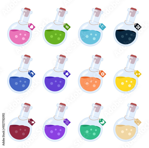 Set of potions. Pink, green, blue and violet poisons in flasks. Magic and sorcery, alchemy. Imagination and fantasy. Asset for mobile games. Flat vector collection