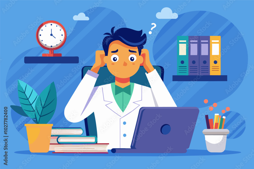 A frustrated researcher with their head in their hands, facing a problem on the computer screen A frustrated researcher with their head in their hands, facing a problem on the computer screen