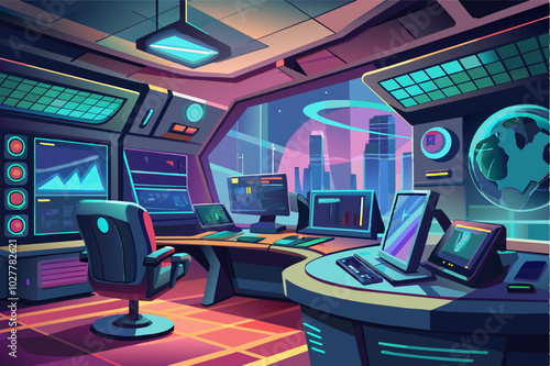 A futuristic conference room with holographic displays and sleek metallic furniture floating in the air