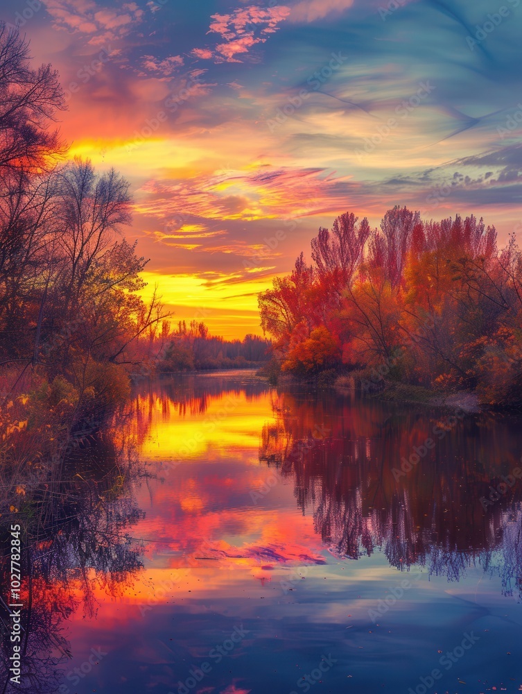 The sky lights up with vibrant autumn colors, while reflections dance on calm waters as day turns to night. Generative AI The sky lights up with vibrant autumn colors, while reflections dance on calm waters as day turns to night. Generative AI