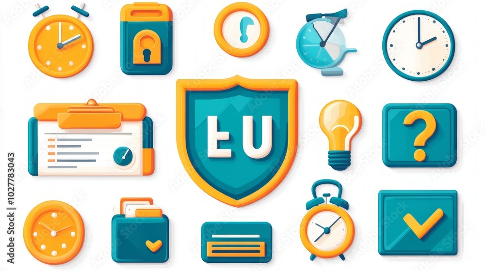 A collection of icons representing time management and productivity tools. A collection of icons representing time management and productivity tools.