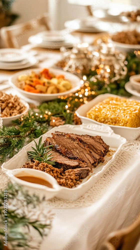 Christmas prime rib roast being served on table with side dishes Christmas prime rib roast being served on table with side dishes