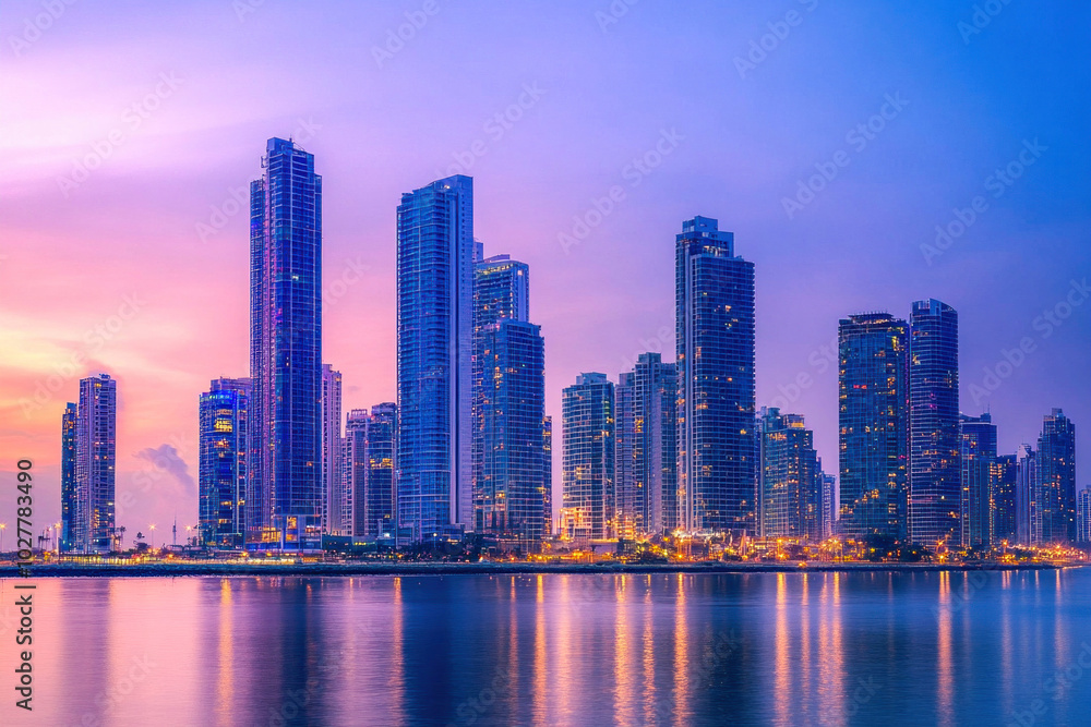 Obraz premium Modern city skyline reflecting in water at sunset