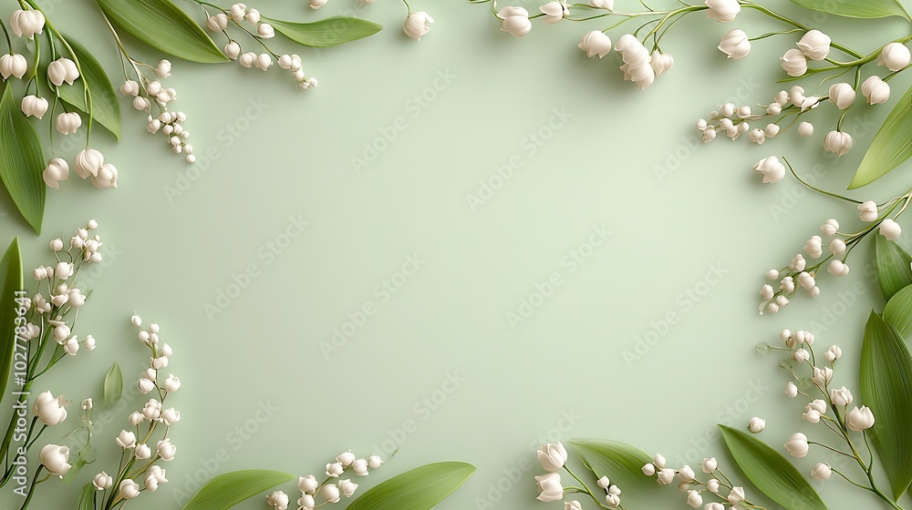 Fototapeta premium Art Nouveau Style: A decorative white frame with soft, flowing curves, the outer border wrapped in lily of the valley with leaves and tendrils incorporated into the design.