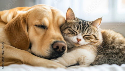 Wallpaper Mural Golden retriever dog sleeping with tabby cat on blanket Torontodigital.ca