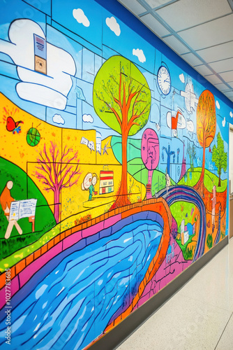 Colorful mural bringing cheer to an otherwise bland hallway photo