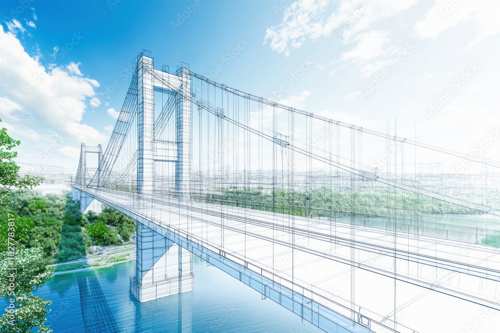 Wireframe bridge design extending over river in the daytime Wireframe bridge design extending over river in the daytime