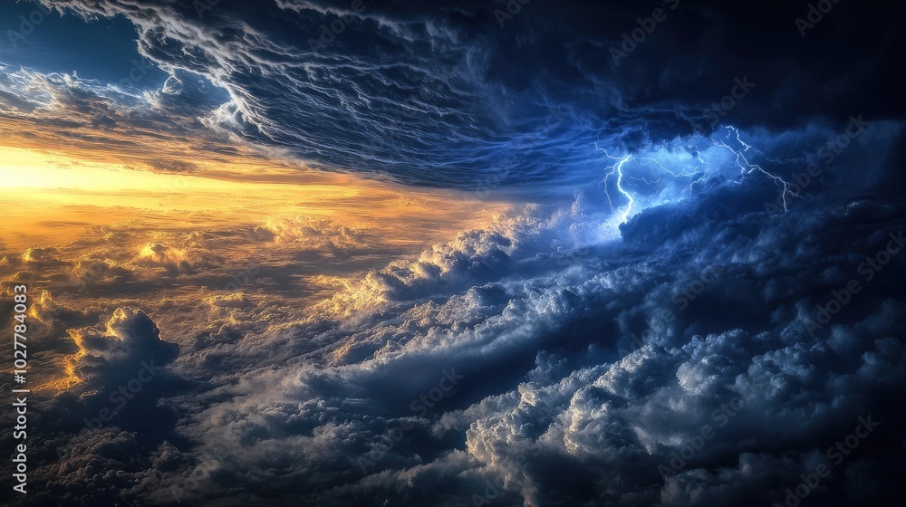 Satellite image of a massive storm system with swirling cloud formations and intense lightning, capturing the storm's scale and power Satellite image of a massive storm system with swirling cloud formations and intense lightning, capturing the storm's scale and power