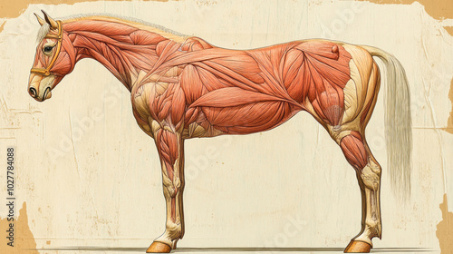 Vintage style illustration of a horse showing muscular system anatomy photo