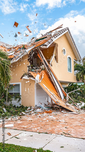 Hurricane damaged house with roof blown off during storm photo