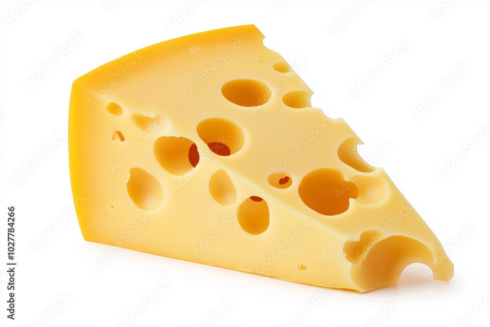 Slice of Swiss cheese with characteristic large holes, smooth texture, and a rich yellow color, isolated on a white background Slice of Swiss cheese with characteristic large holes, smooth texture, and a rich yellow color, isolated on a white background