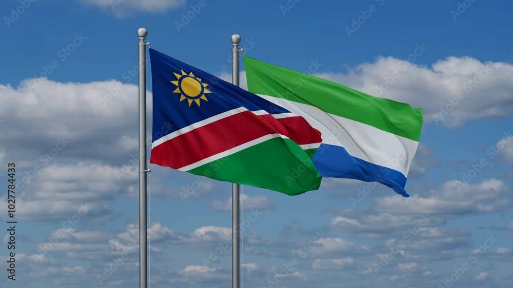 Sierra Leone or Salone and Namibia flags flying together, video concept of the relationship, two country cooperation concept Sierra Leone or Salone and Namibia flags flying together, video concept of the relationship, two country cooperation concept