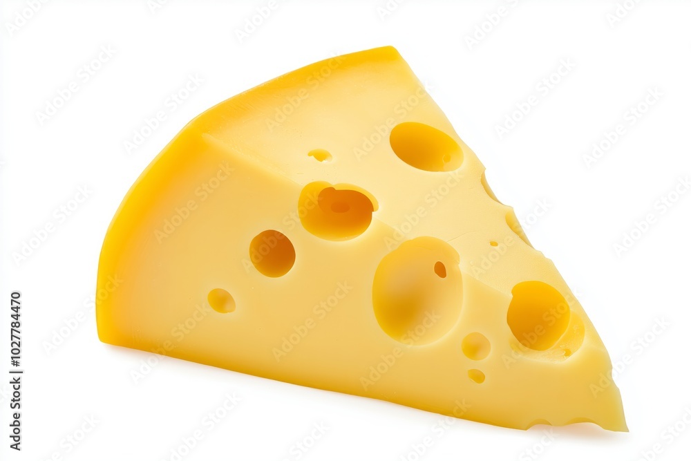 Slice of Swiss cheese with characteristic large holes, smooth texture, and a rich yellow color, isolated on a white background Slice of Swiss cheese with characteristic large holes, smooth texture, and a rich yellow color, isolated on a white background