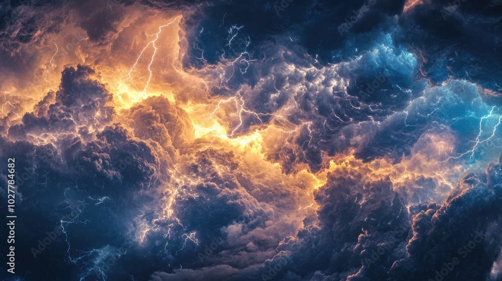 Satellite imagery of a large thunderstorm with dynamic cloud structures and active lightning, capturing the storm's dramatic effect Satellite imagery of a large thunderstorm with dynamic cloud structures and active lightning, capturing the storm's dramatic effect