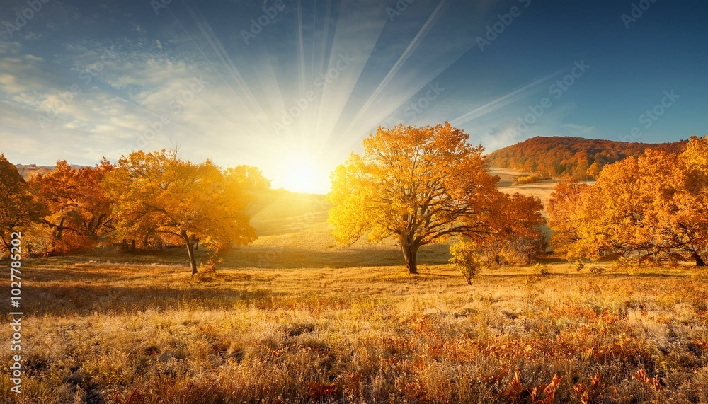 beautiful autumn landscape with yellow trees and sun beautiful autumn landscape with yellow trees and sun