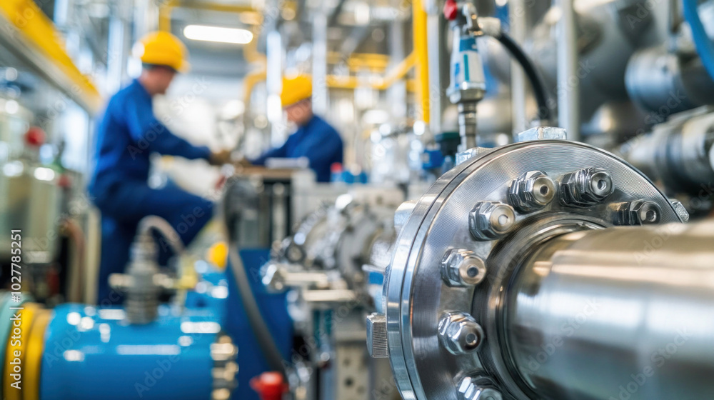 Industrial pipeline system being inspected by engineers in plant Industrial pipeline system being inspected by engineers in plant