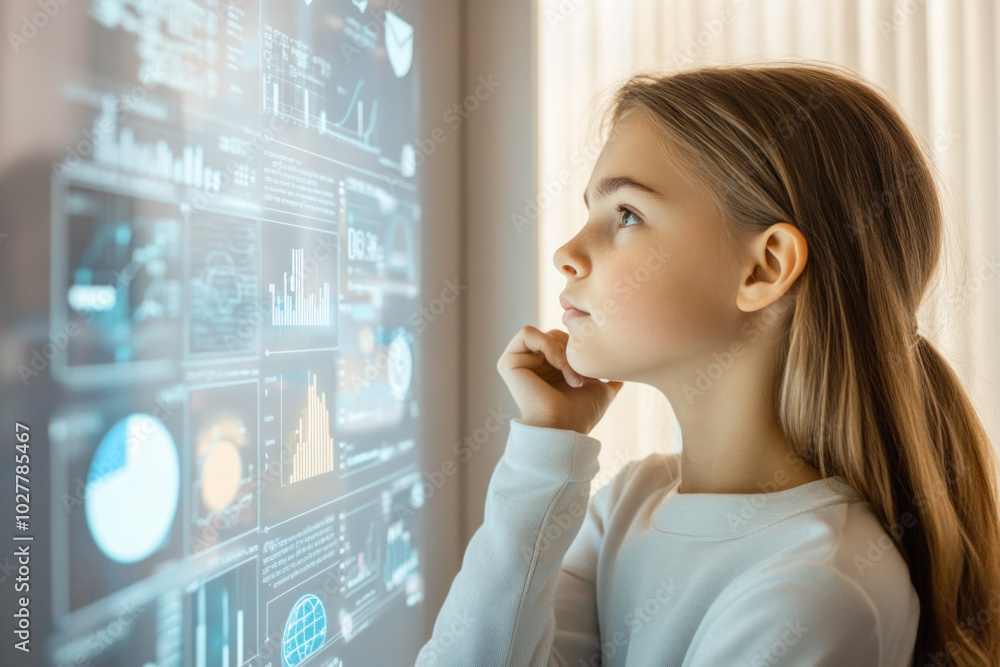 Curious young girl analyzing data on transparent futuristic screen Curious young girl analyzing data on transparent futuristic screen