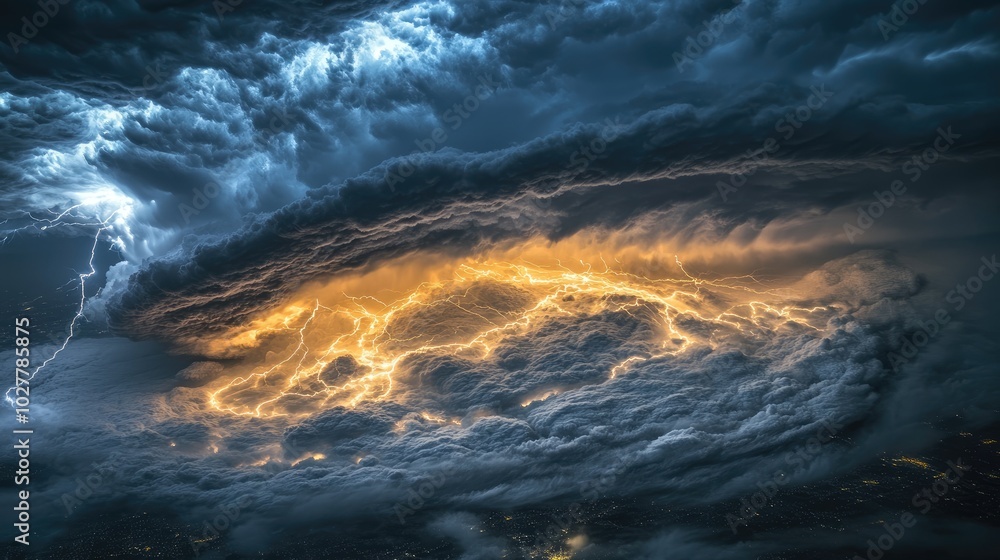 Fototapeta premium Satellite photo of a severe storm system with intricate cloud patterns and active lightning, highlighting the storm's scale
