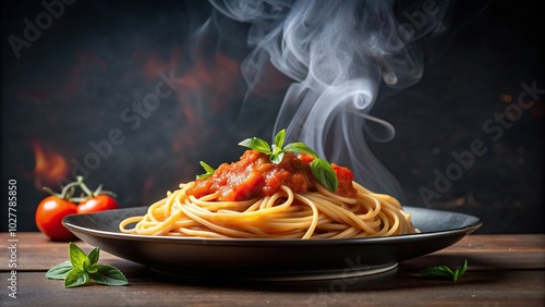 A close up shot of steam rising from a plate of homemade healthy Italian spaghetti with tomato sauce placed on a dark background, traditional, food, steam, flavorful, comfort food photo