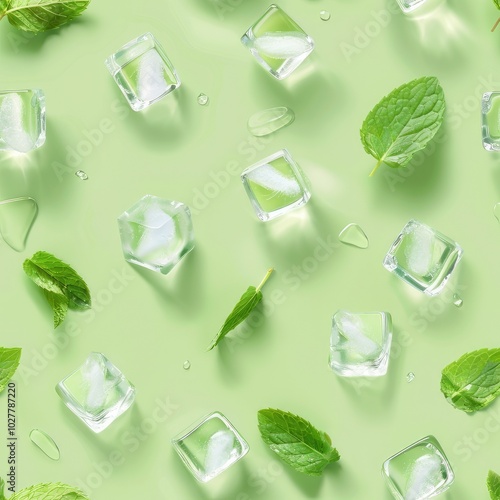 Ice cubes along with fresh mint leaves set against a green background