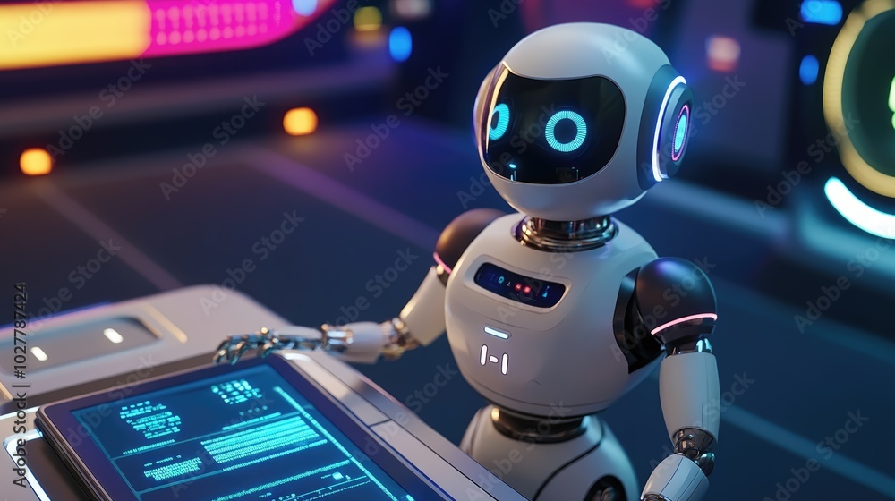 Advanced AI robot exploring digital controls on a tablet, modern workspace with sleek design and vibrant colors Advanced AI robot exploring digital controls on a tablet, modern workspace with sleek design and vibrant colors