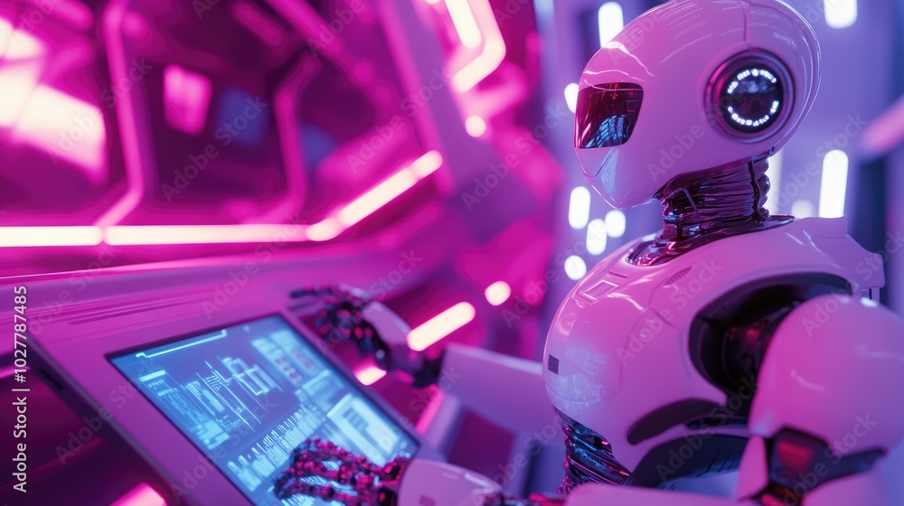 Fototapeta premium Advanced AI robot exploring interactive features on a tablet, futuristic tech lab with bright lighting