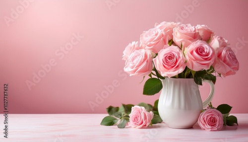 Wallpaper Mural beautiful bouquet flowers pink roses in vase on pastel pink background table birthday wedding mother s day valentine s day women s day front view Torontodigital.ca