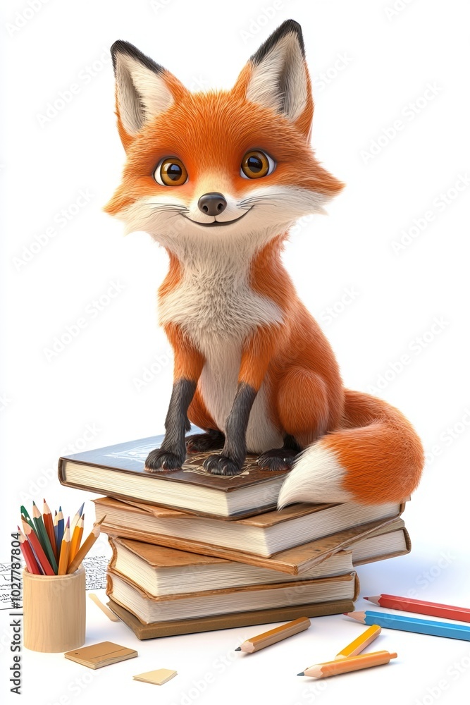 A cute 3D illustration of a young fox sitting on a stack of books with colorful pencils scattered around, evoking a studious and creative mood A cute 3D illustration of a young fox sitting on a stack of books with colorful pencils scattered around, evoking a studious and creative mood